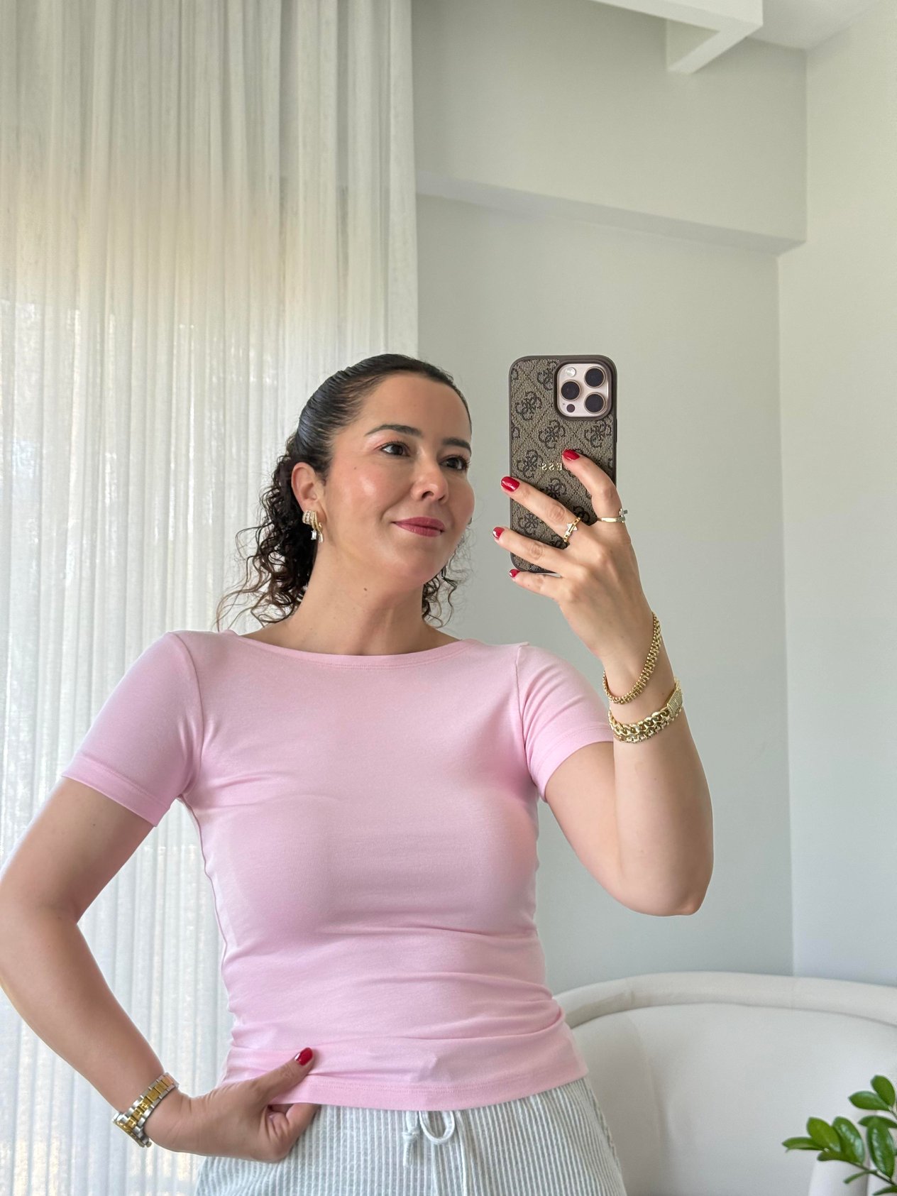 Kayık Yaka Kısa Kollu Basic Bluz Pembe