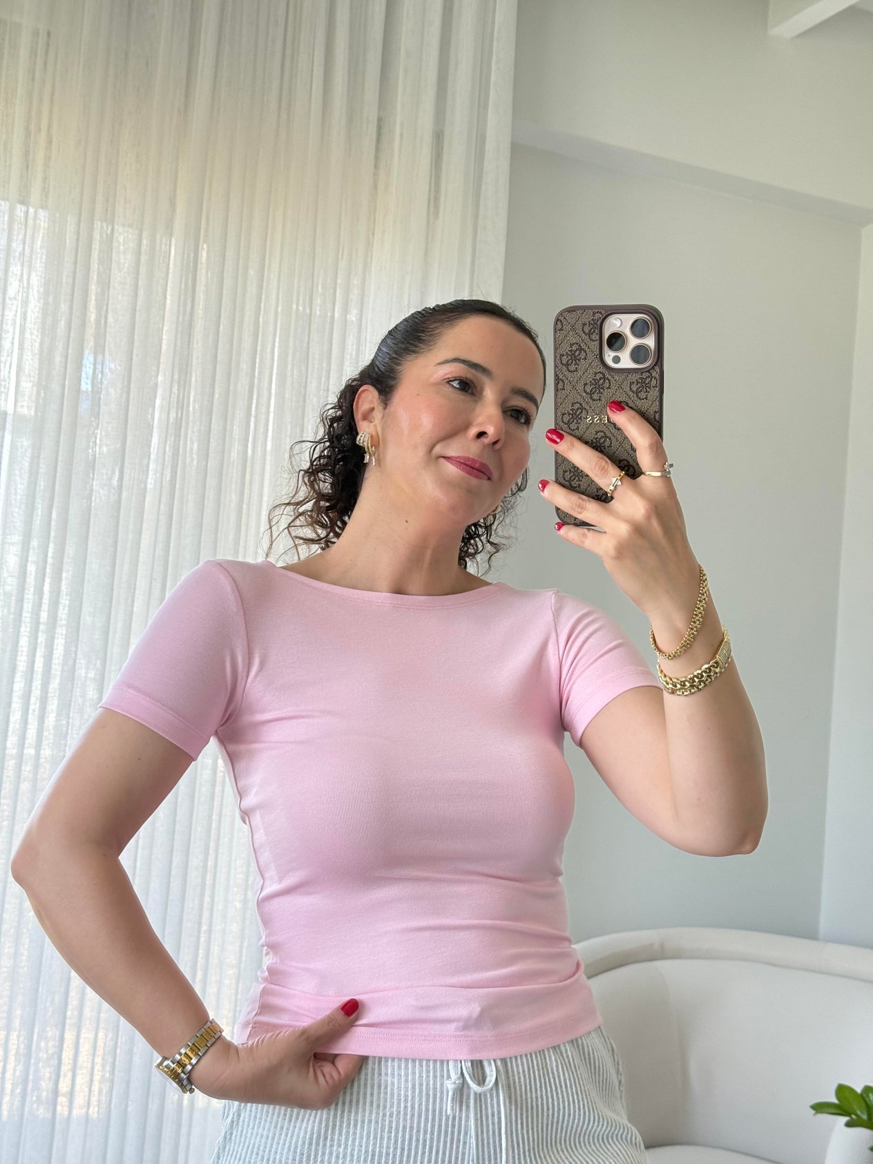Kayık Yaka Kısa Kollu Basic Bluz Pembe