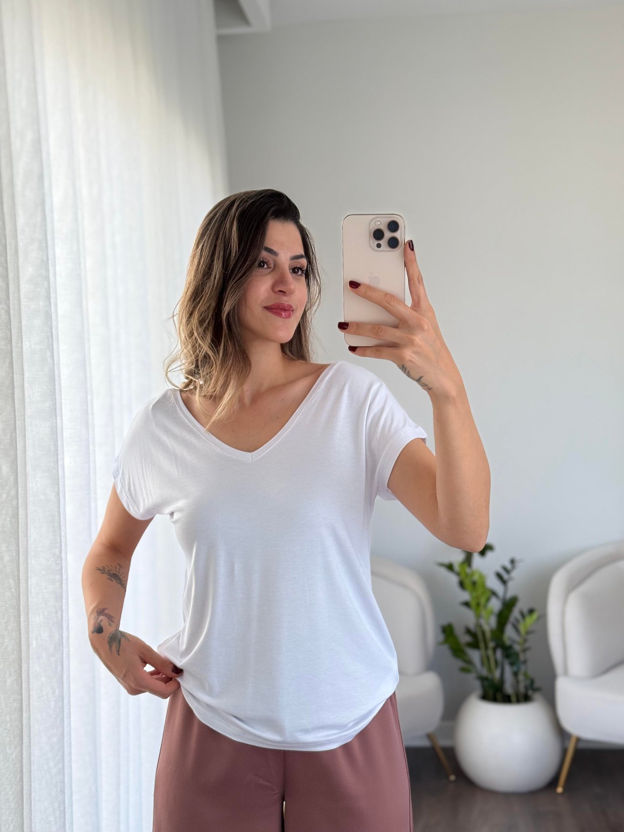 Ön Arka V Yaka Viskon Basic T-Shirt Beyaz