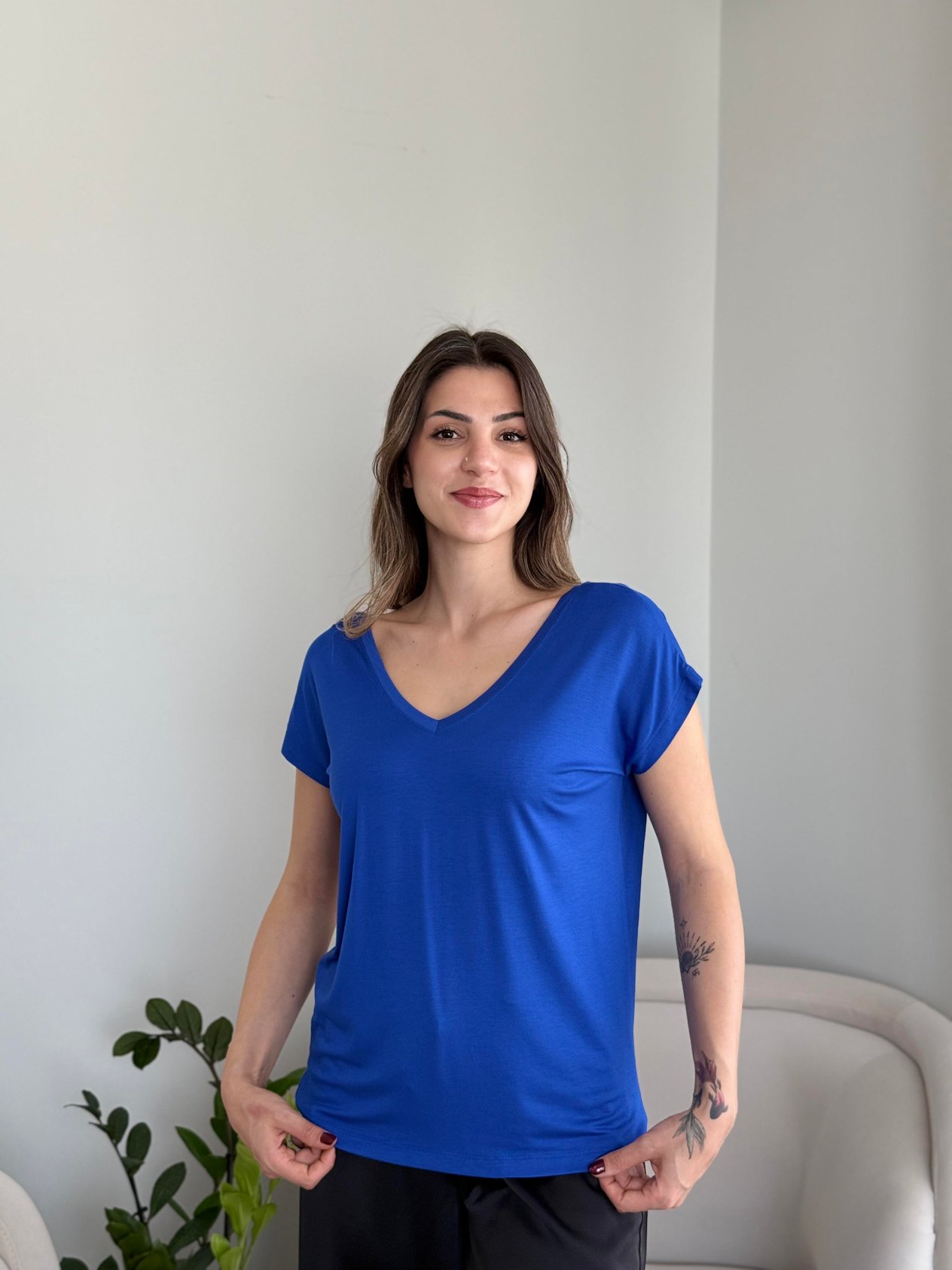Ön Arka V Yaka Viskon Basic T-Shirt Saks Mavi