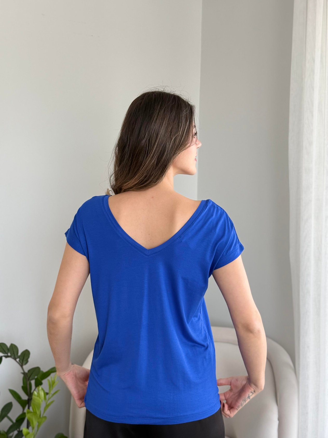 Ön Arka V Yaka Viskon Basic T-Shirt Saks Mavi