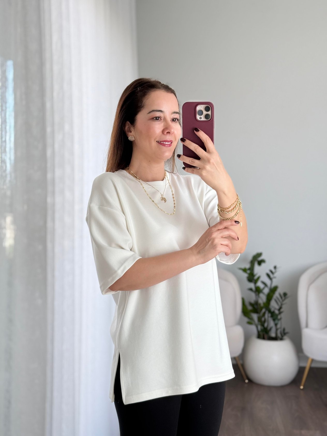 Premium Modal Yanı Yırtmaçlı T-shirt  Ekru