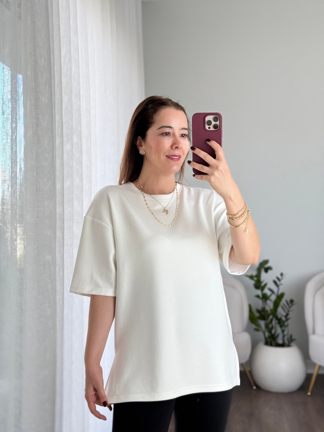 Premium Modal Yanı Yırtmaçlı T-shirt  Ekru
