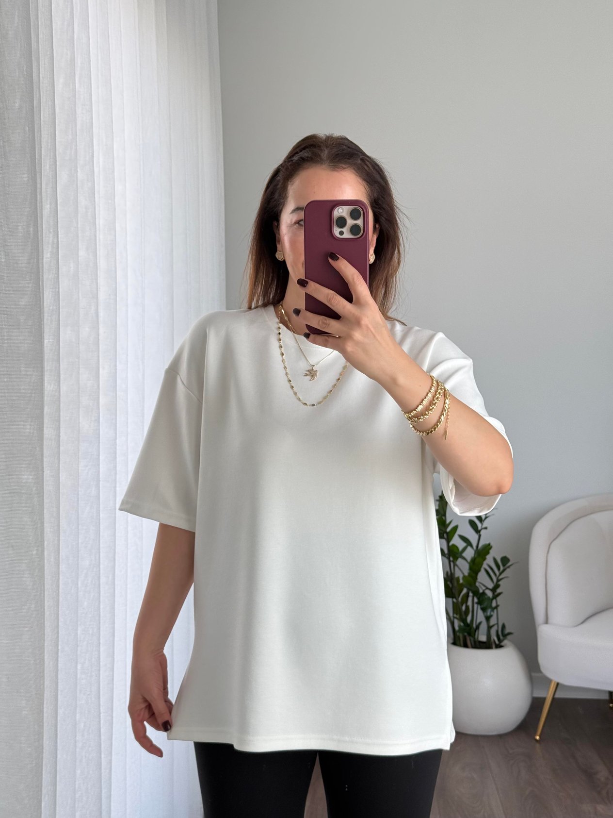 Premium Modal Yanı Yırtmaçlı T-shirt  Ekru