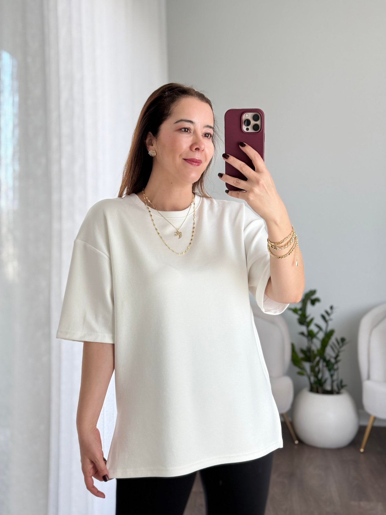 Premium Modal Yanı Yırtmaçlı T-shirt  Ekru