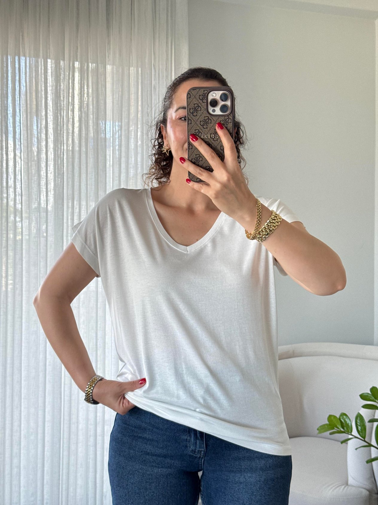 V Yaka Viskon Basic T-Shirt Ekru