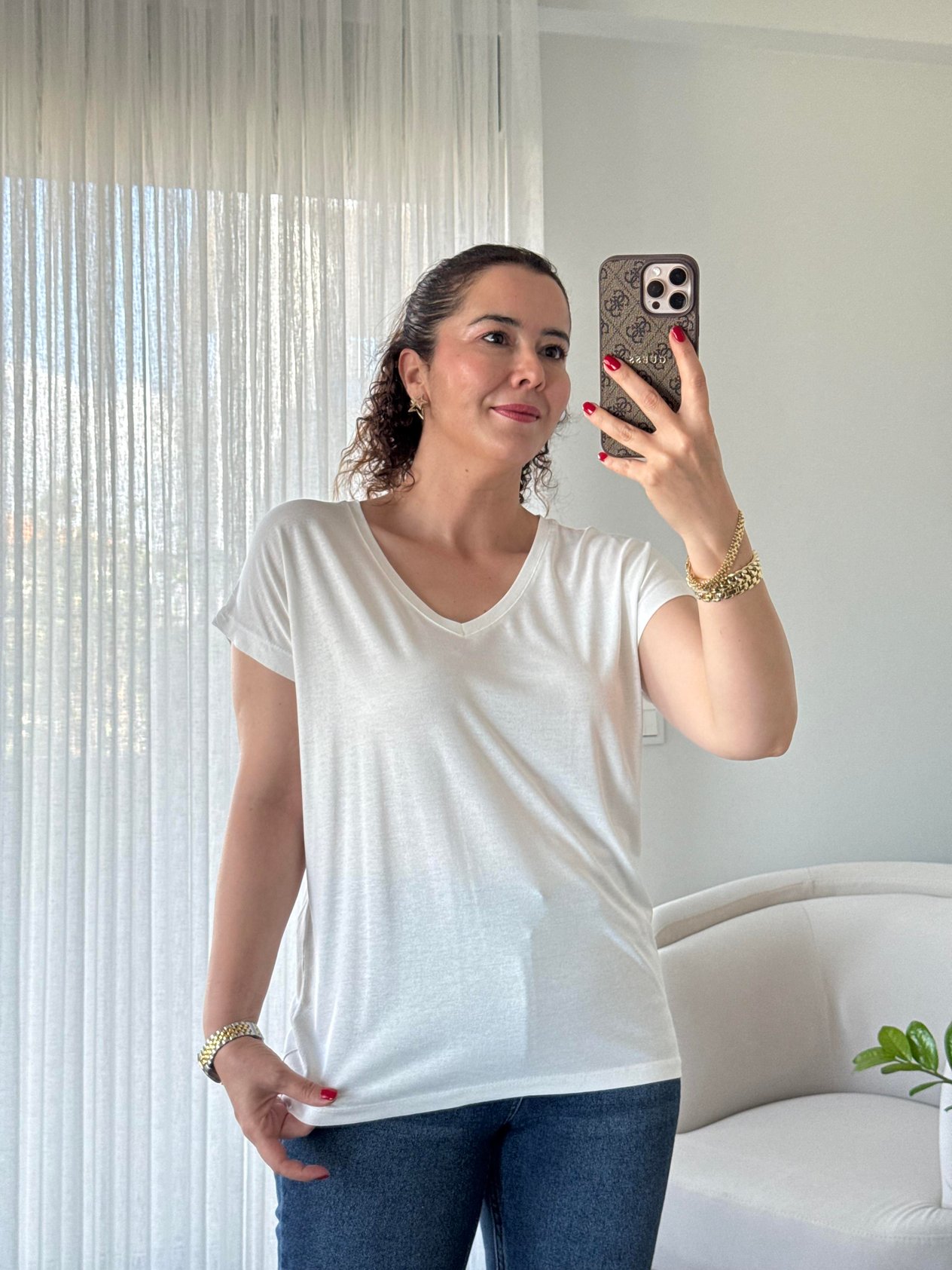 V Yaka Viskon Basic T-Shirt Ekru