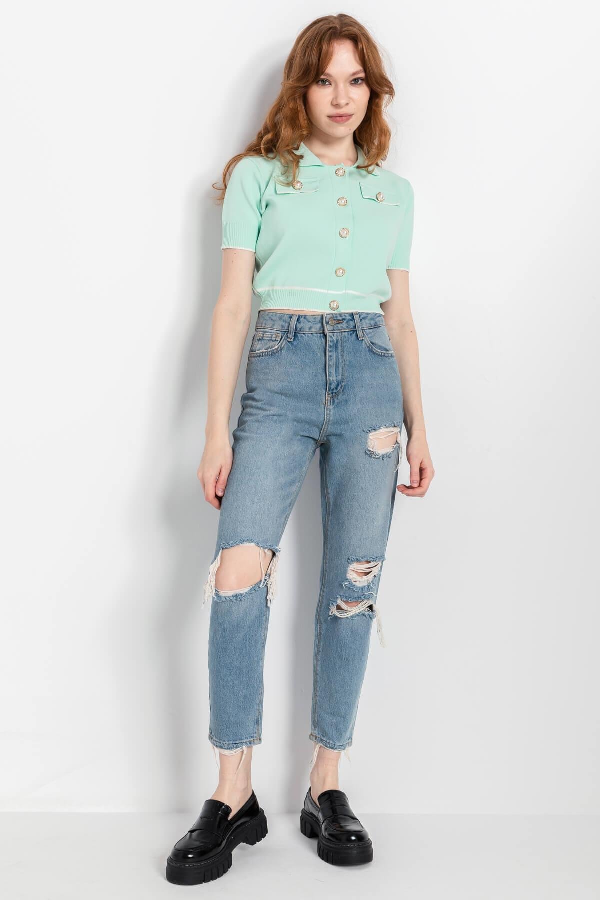 Irmak Kerekli Kadın Polo Yaka Triko Crop Hırka, Triko Hırka, Kadın Hırka, Polo Yaka Hırka, Crop Hırka, Mint Hırka