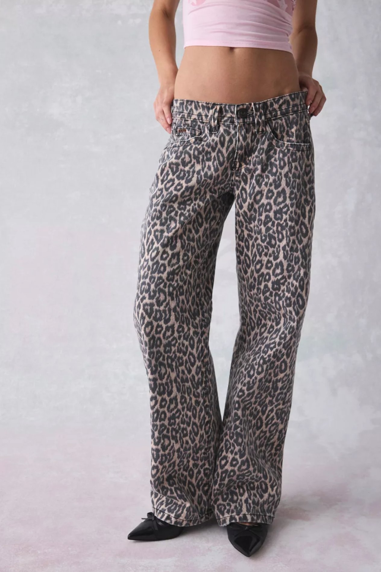 Leopar Desenli Düşük Bel Kot Pantolon