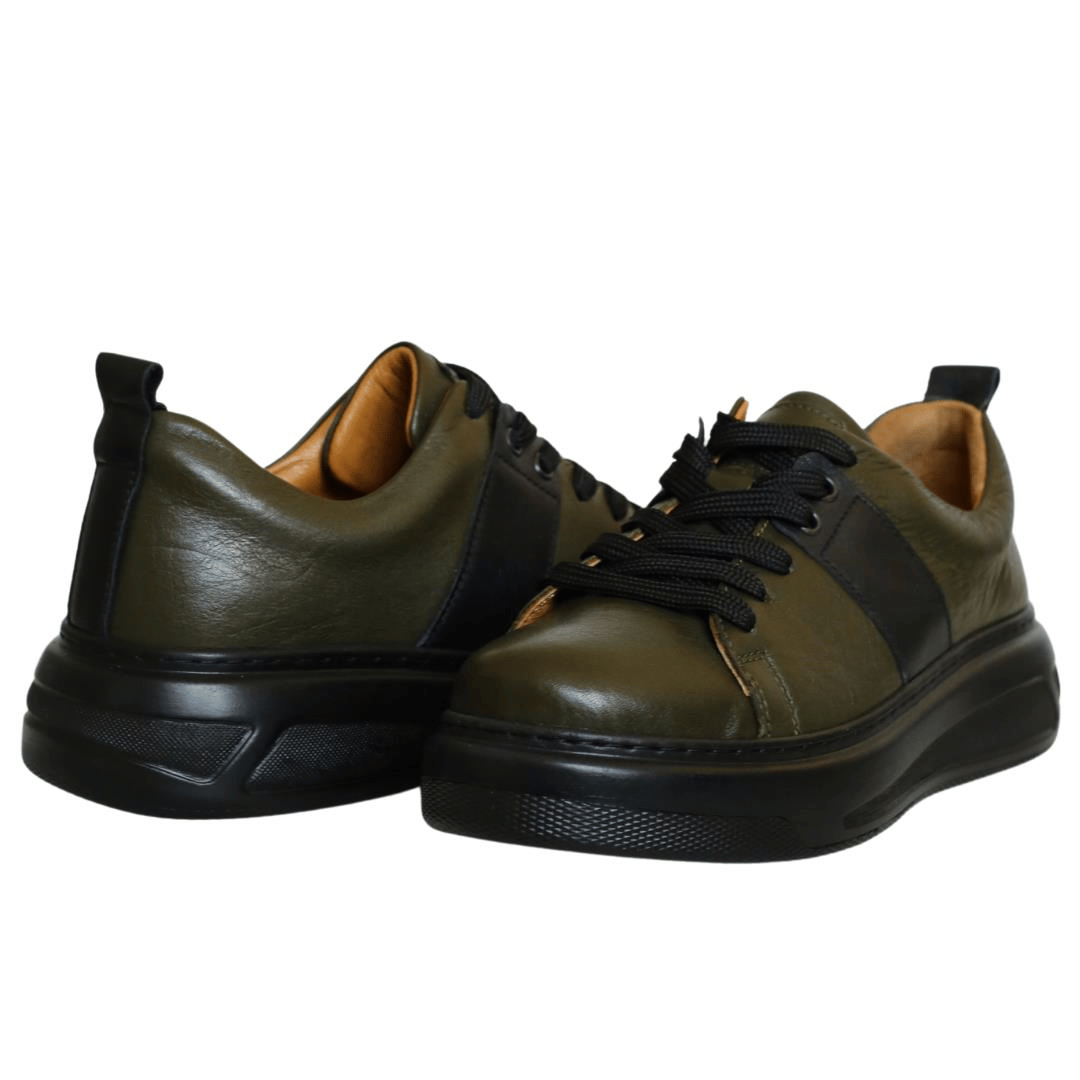 Haki Deri Kadın Bağcıklı Sneaker
