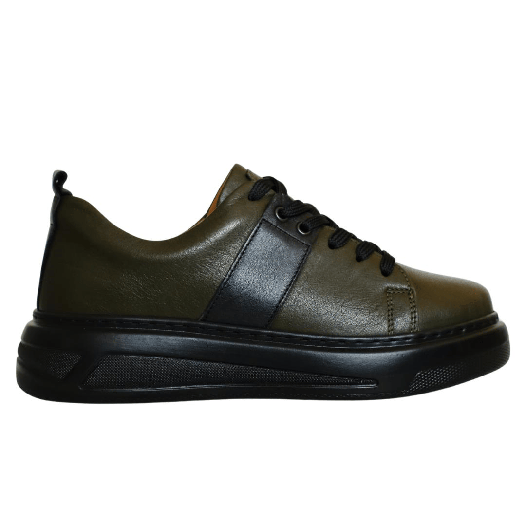 Haki Deri Kadın Bağcıklı Sneaker