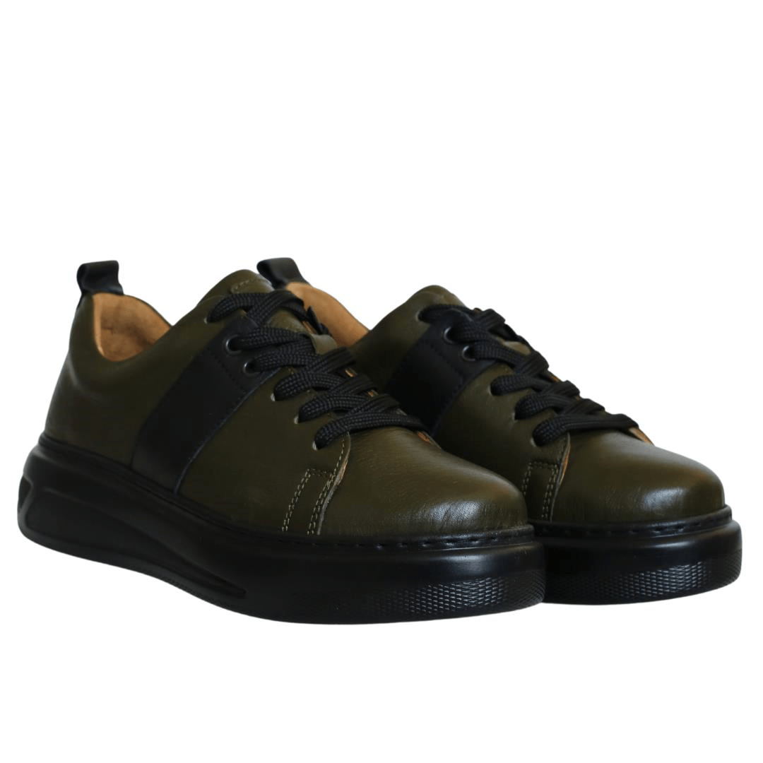 Haki Deri Kadın Bağcıklı Sneaker