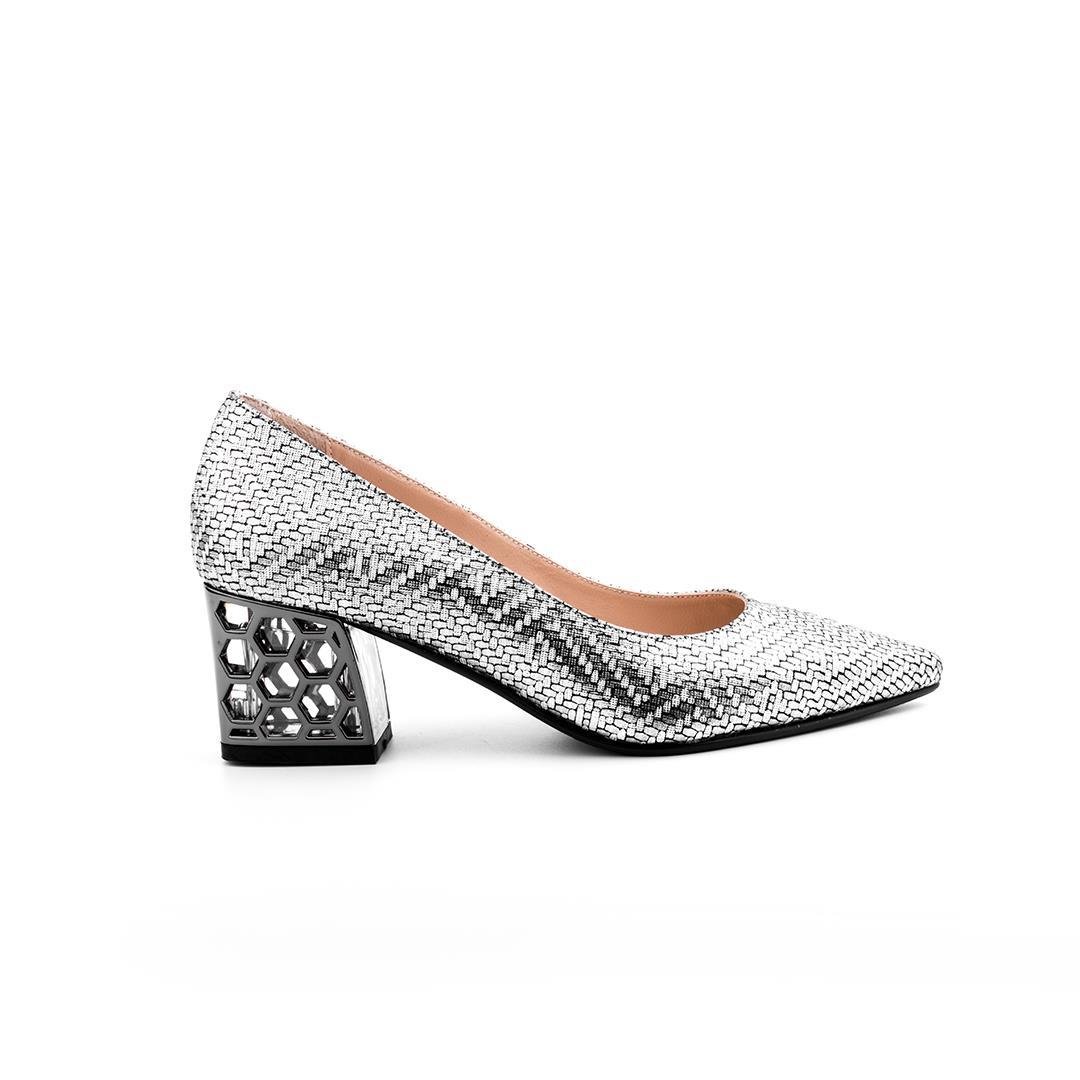 Lame Baskı Kalın Topuk Kadın Stiletto