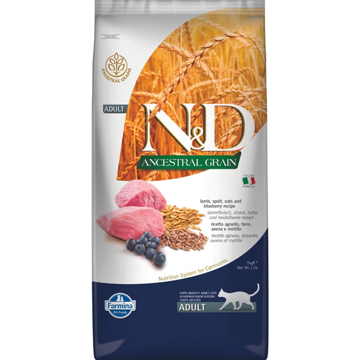 N&D Ancestral Grain Kuzu Etli ve Yaban Mersinli Ata Tahıllı Yetişkin Kedi Maması 5kg