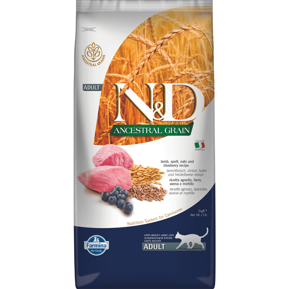 N&D Ancestral Grain Kuzu Etli ve Yaban Mersinli Ata Tahıllı Yetişkin Kedi Maması 5kg