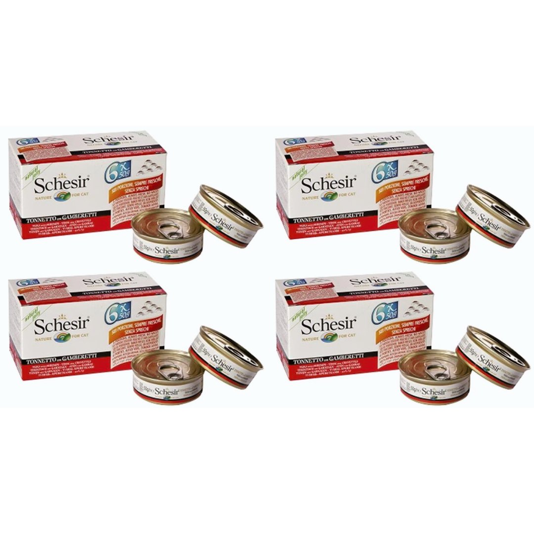 Schesir Jöle İçinde Karidesli ve Ton Balıklı Yetişkin Kedi Konservesi 6x50gr 4 Paket