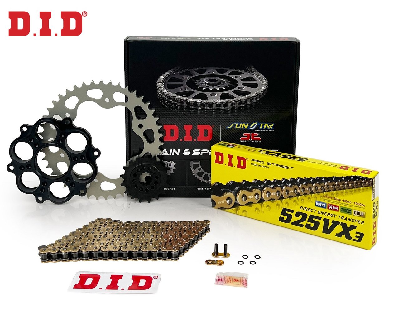 ZİNCİR DİŞLİ SETİ DUCATI HYPERMOTARD / EVO / SP (1100 cc)  (2007-2009) / ZİNCİR : DID-525VX3 (Gold)-104 / DİŞLİ: SUNSTAR (15T) - JT (42T)