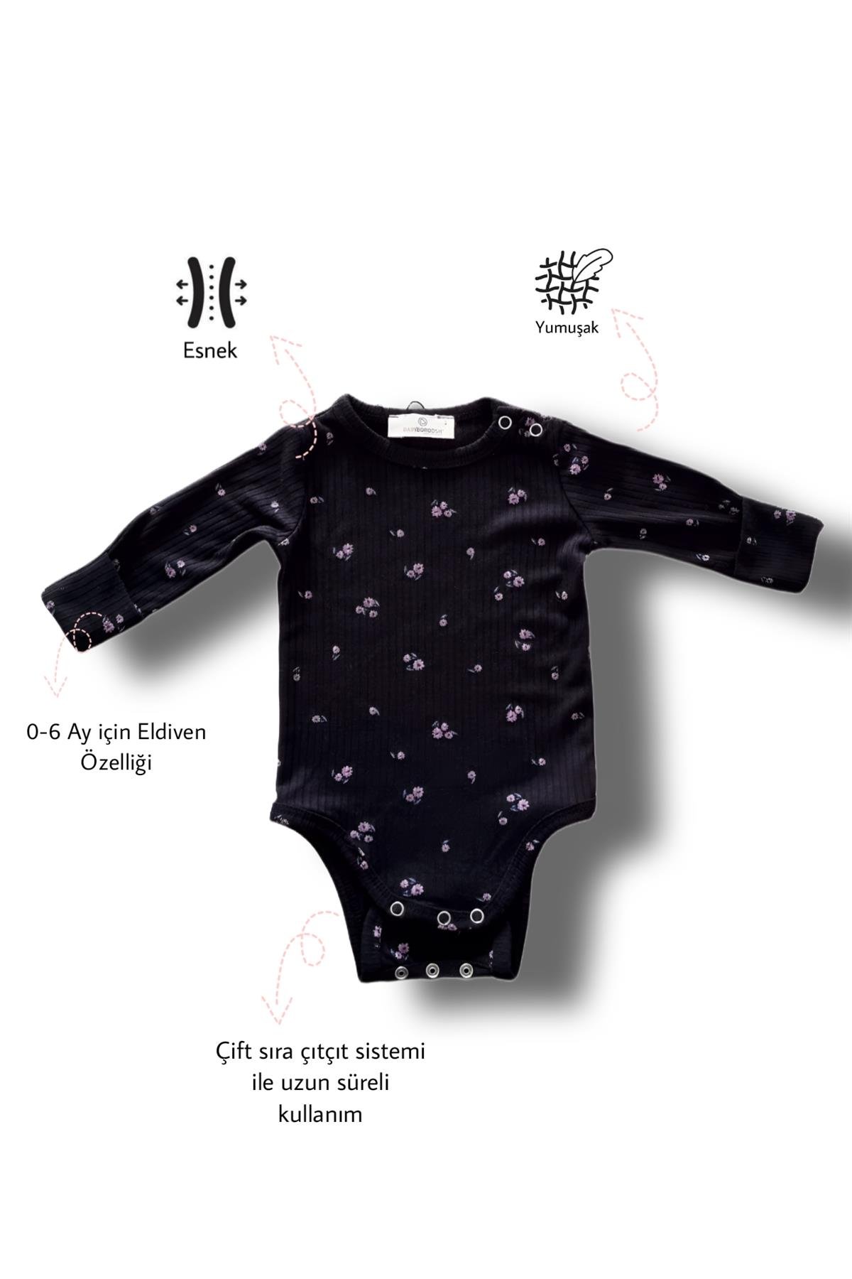 Bebekle Büyüyen Esnek Uzun Kollu Çiçekli Siyah Bebek Zıbın - Çıtçıtlı Body