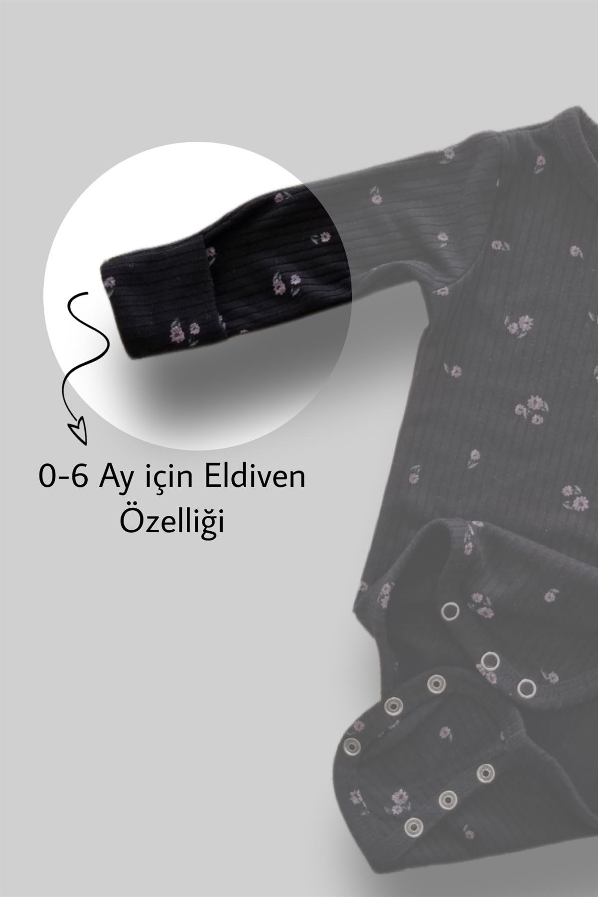 Bebekle Büyüyen Esnek Uzun Kollu Çiçekli Siyah Bebek Zıbın - Çıtçıtlı Body
