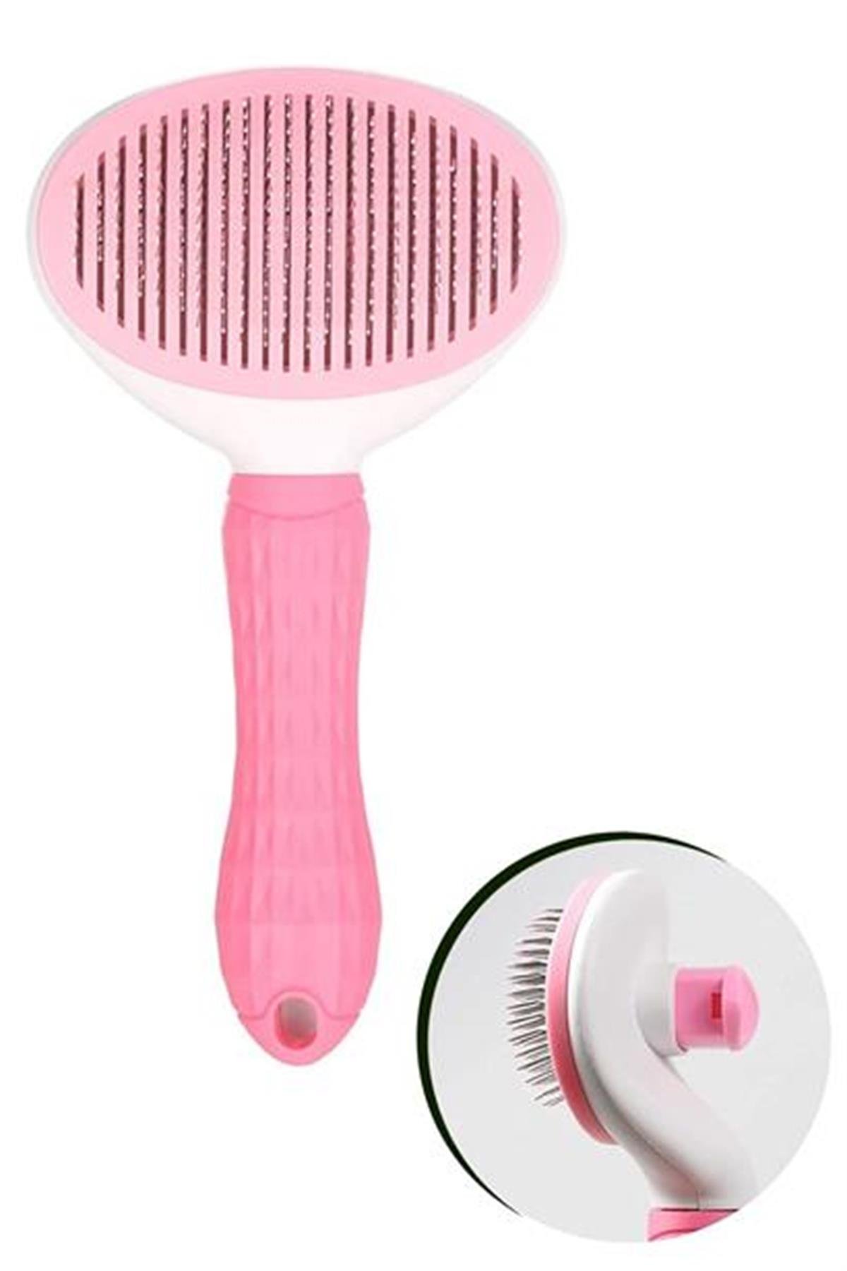 BUFFER® Kedi Köpek Tüy Toplayıcı Kendini Temizleyebilen Ergonomik Saplı Evcil Hayvan Tarağı Pembe