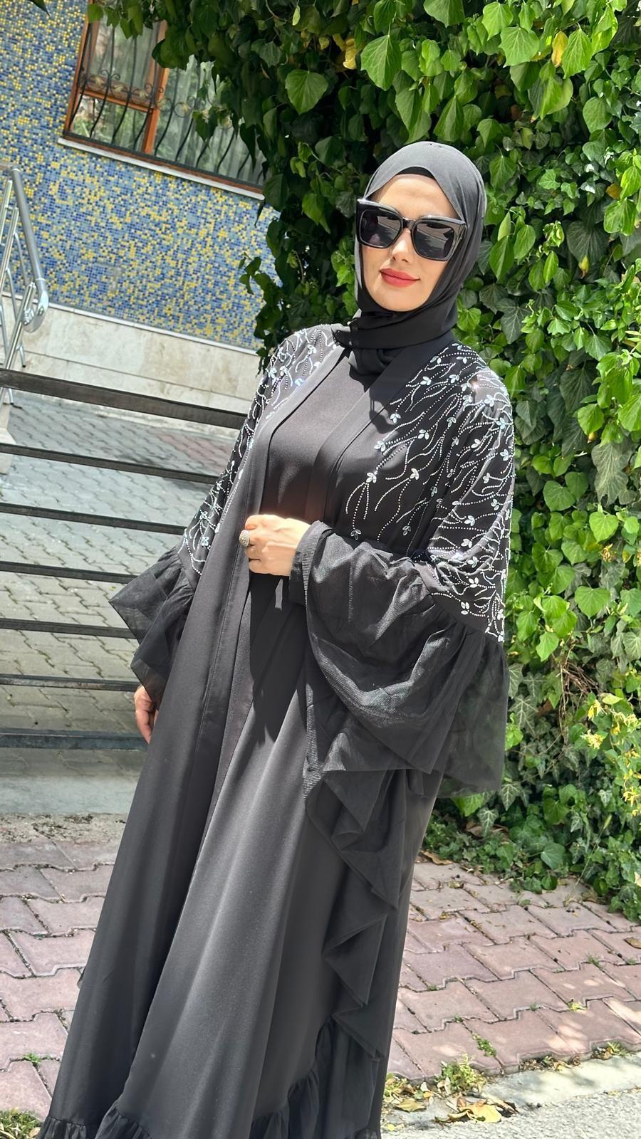 FIRFIR TÜL DETAYLI TAŞ İŞLMELİ ABAYA 
