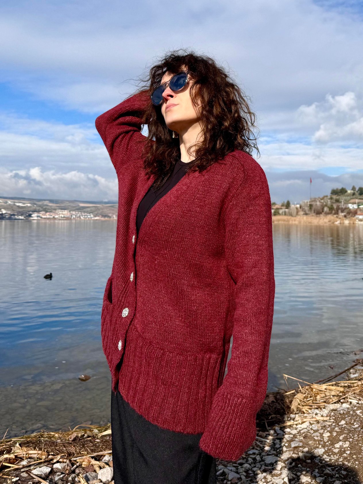 Bordo Düğmesi Taş Detaylı Hırka