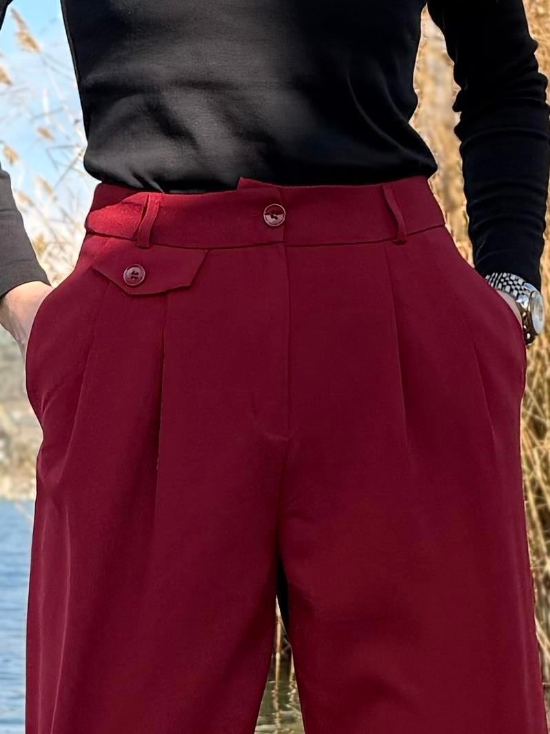 Bordo Paça Detaylı Pantolon