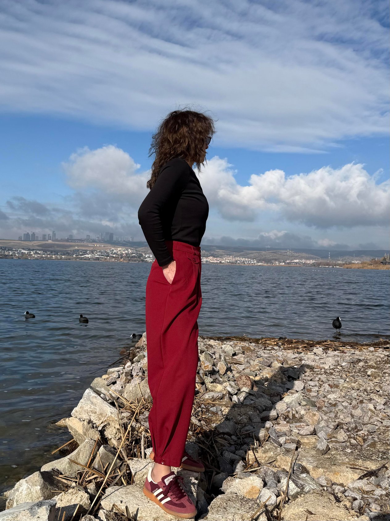 Bordo Paça Detaylı Pantolon