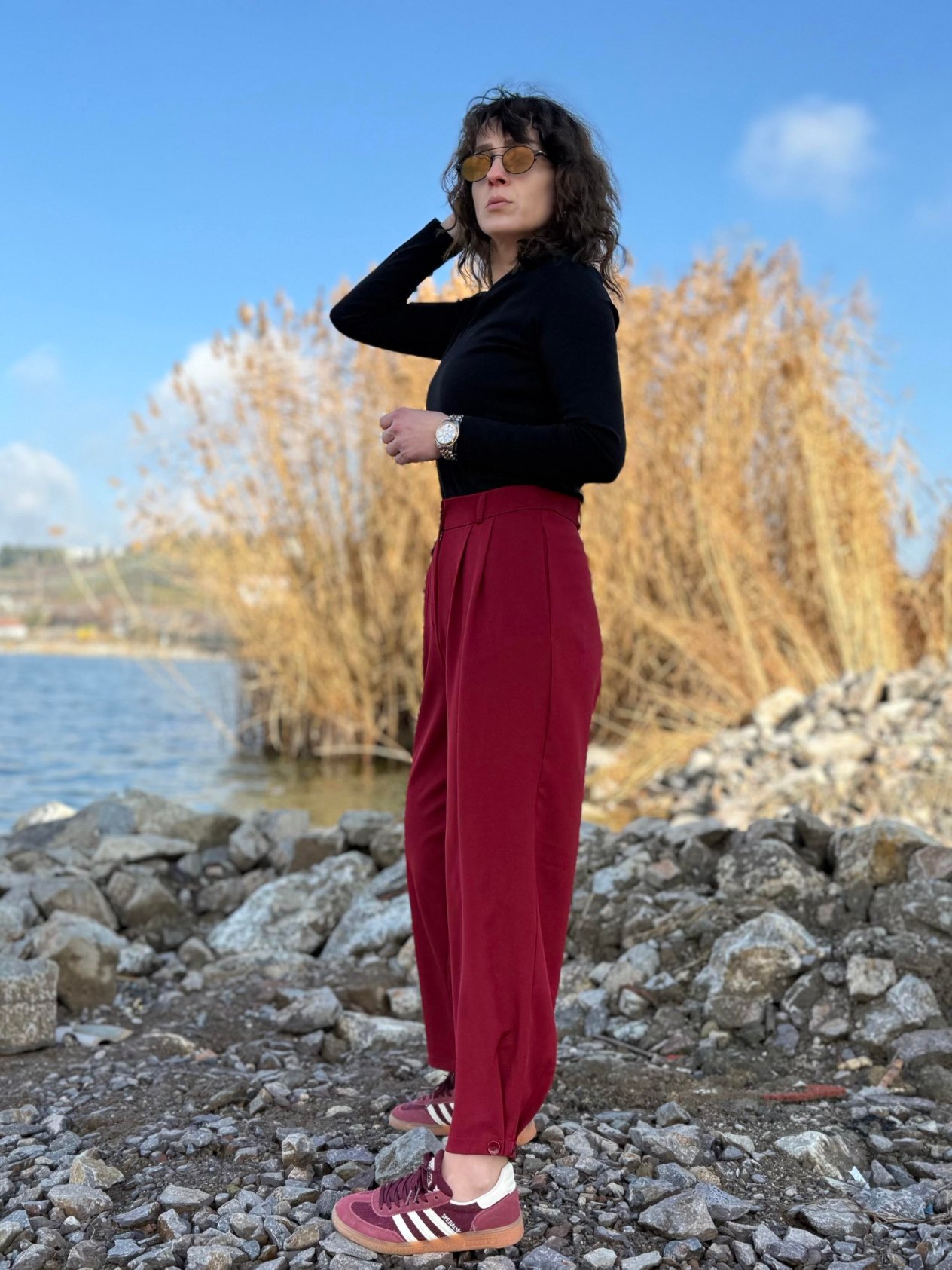Bordo Paça Detaylı Pantolon