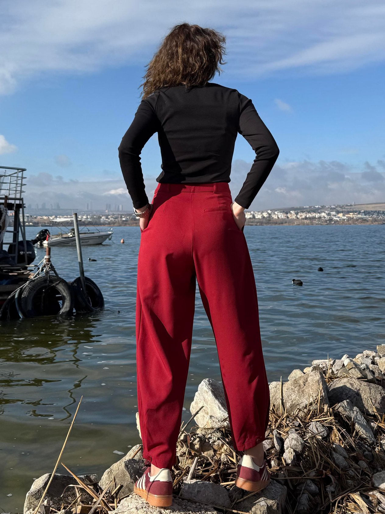 Bordo Paça Detaylı Pantolon