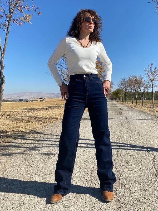 LACİVERT YÜKSEK BEL İSPANYOL PAÇA JEAN