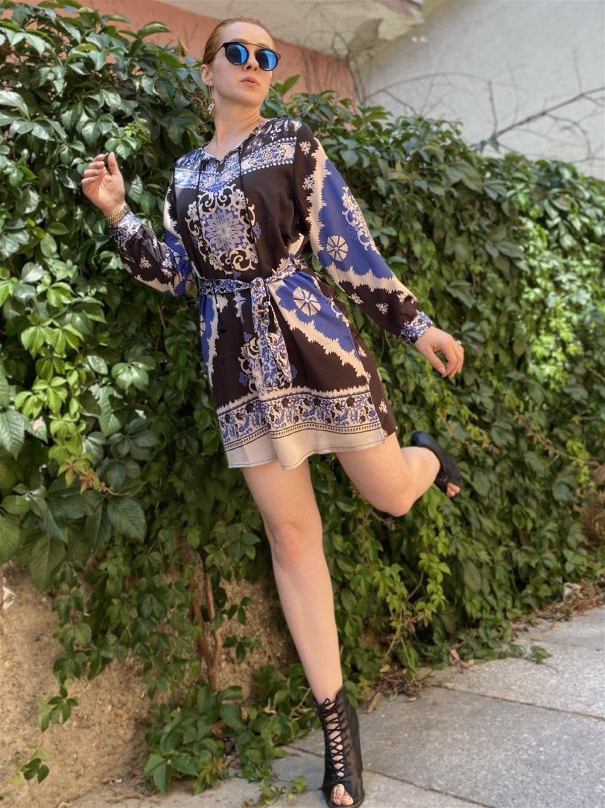 SAKS MAVİ-SATEN ETNİK DESEN TUNİK,ELBİSE