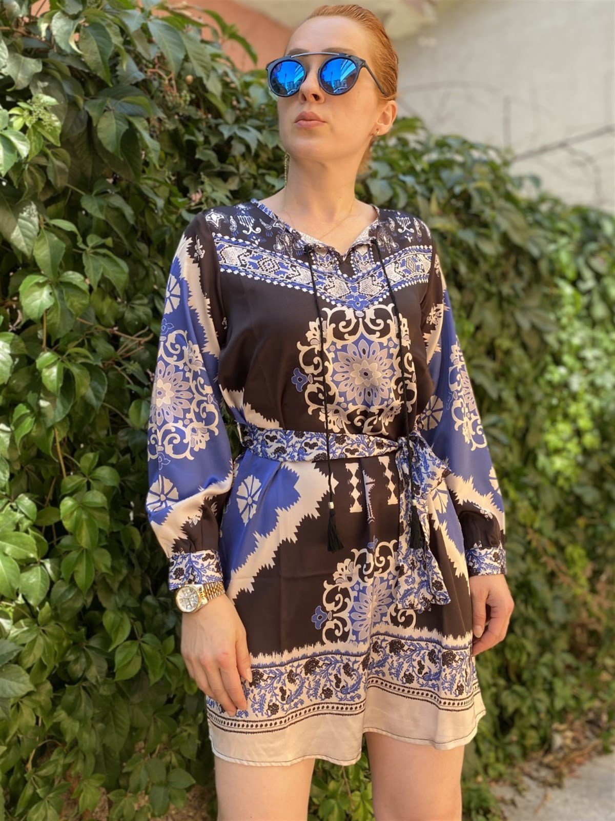 SAKS MAVİ-SATEN ETNİK DESEN TUNİK,ELBİSE