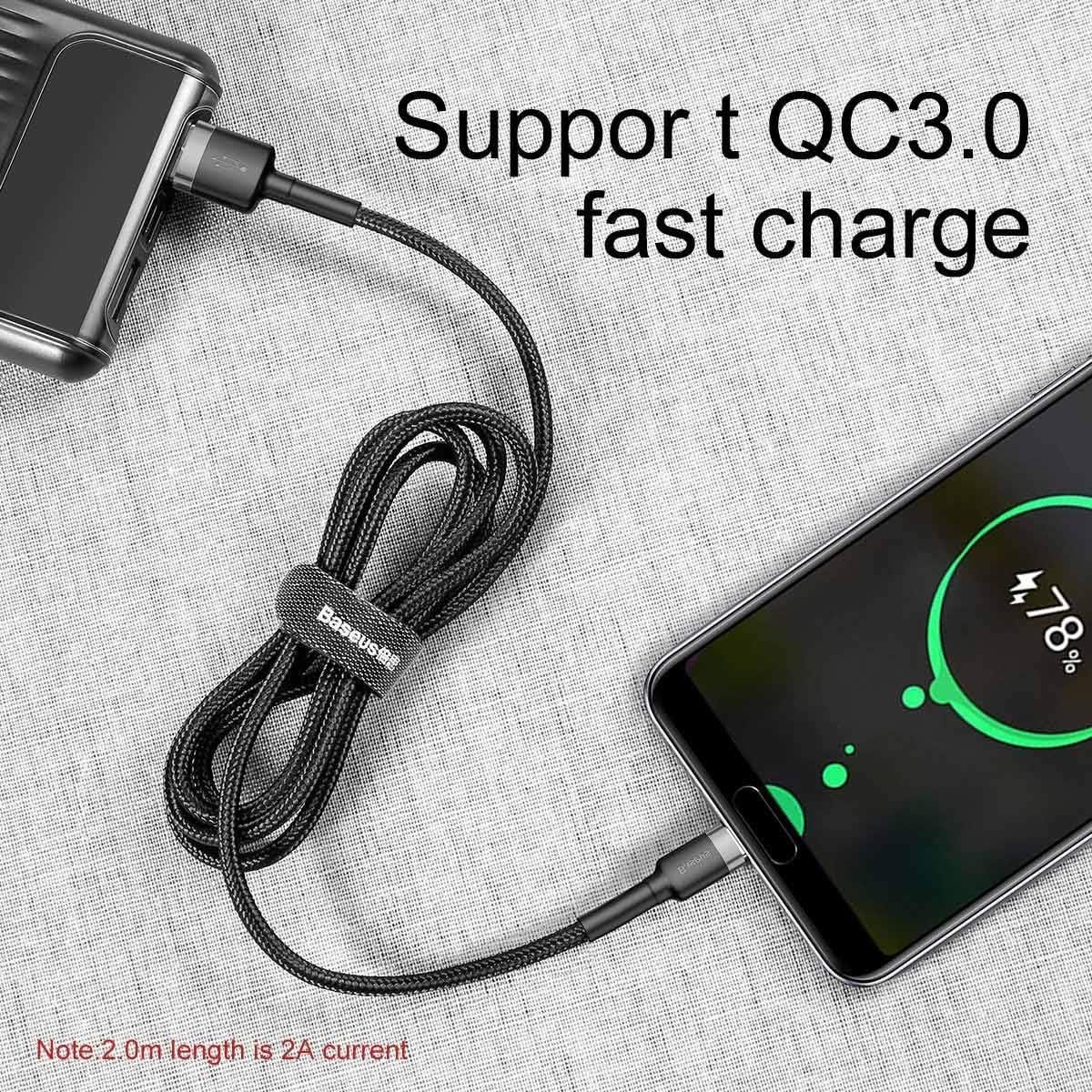 Baseus Cafule Hızlı Şarj USB Kablo Type-C 2A 3m Gri+Siyah CATKLF-UG1