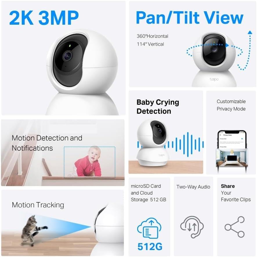 TP-LINK Tapo C210 360 Derece 2K UHD Yatay/Dikey Hareketli Wi-Fi Güvenlik Kamerası + Sandisk 64 Gb Hafıza Kartı