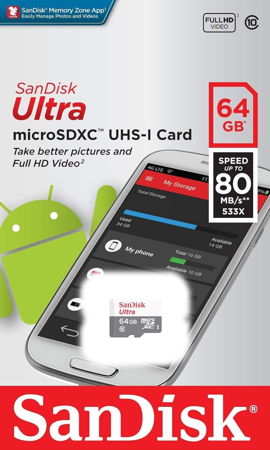 Sandisk SDSQUNS-064G-GN3MN 64 GB 80MB/S CLASS 10 UHS-I Micro SD HAFIZA KARTI