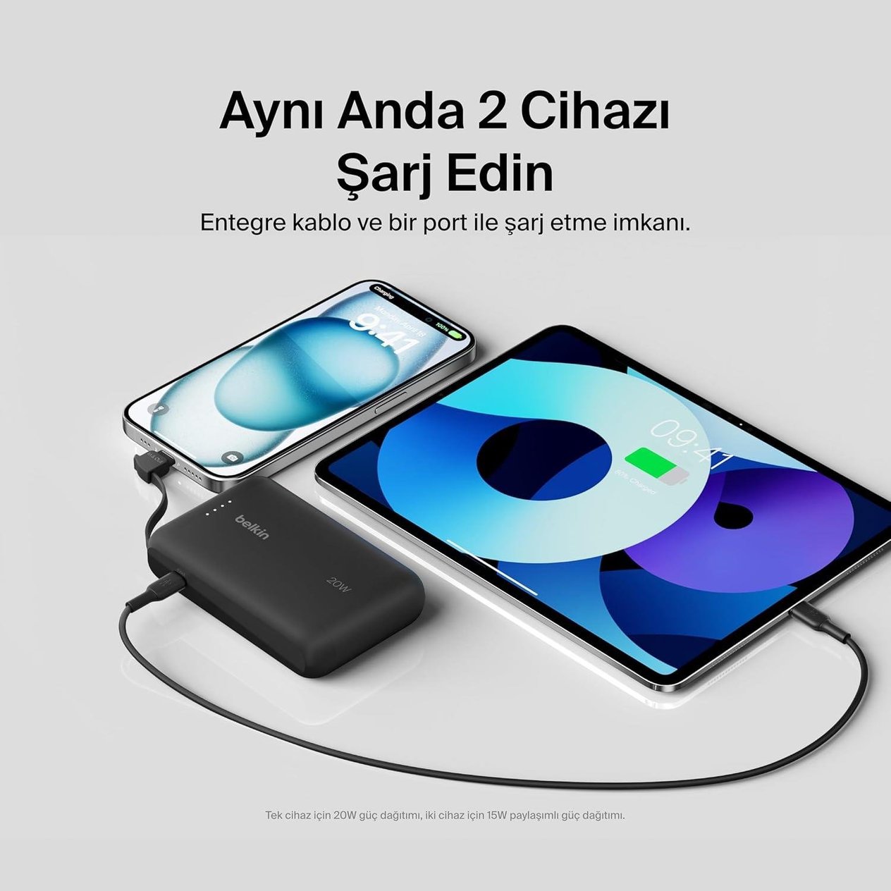 Belkin BoostCharge Powerbank, Entegre Type-C Kablolu 10K PD 20W, Siyah
