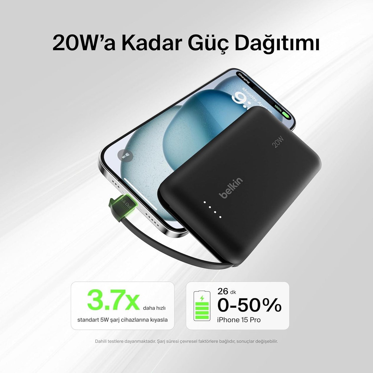 Belkin BoostCharge Powerbank, Entegre Type-C Kablolu 10K PD 20W, Siyah