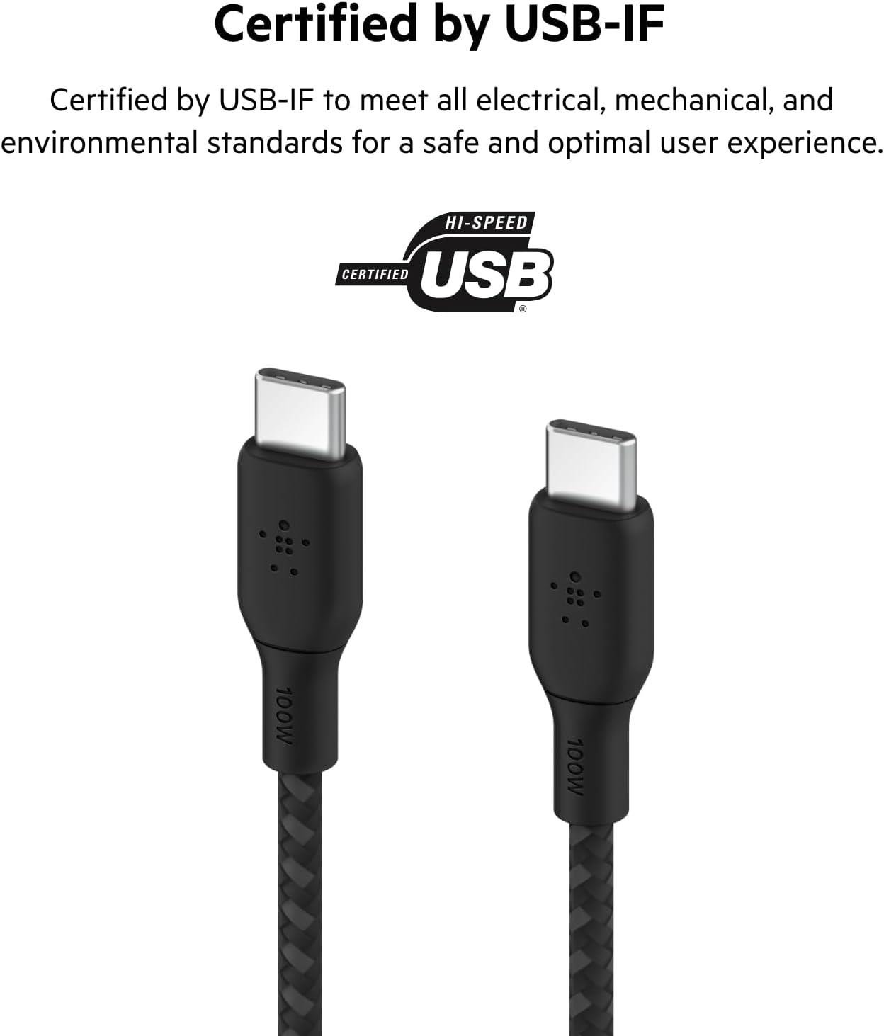 Belkin USB-C USB-C USB-IF Sertifikalı Çift Örgülü Data ve Şarj Kablosu, 100W, 2 Metre