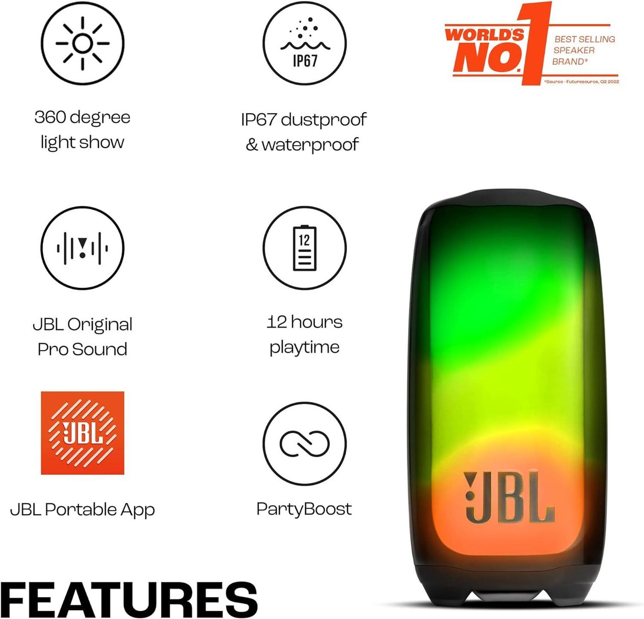 JBL Pulse5 Işıklı Bluetooth Hoparlör IP67 - Siyah