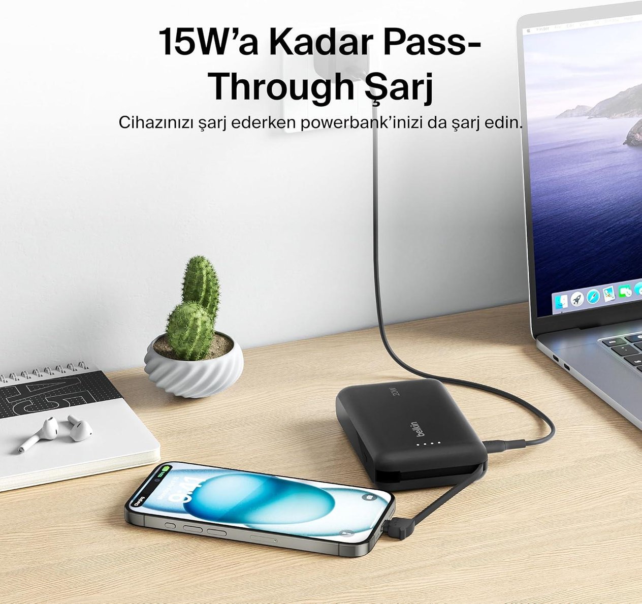 Belkin BoostCharge Powerbank, Entegre Type-C Kablolu 10K PD 20W, Siyah