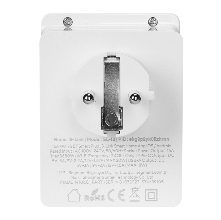 S-link SL-13 MASTERPOWER 16A Akım Korumalı Akıllı Priz WIFI&BT TUYA Destekli