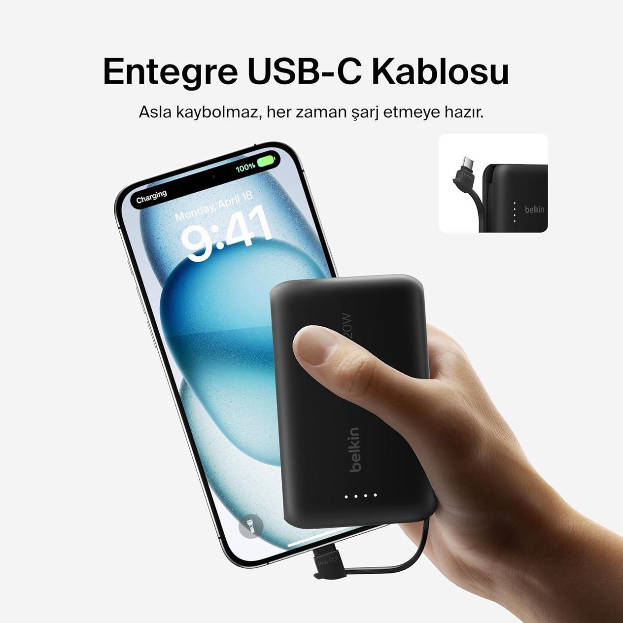 Belkin BoostCharge Powerbank, Entegre Type-C Kablolu 10K PD 20W, Siyah