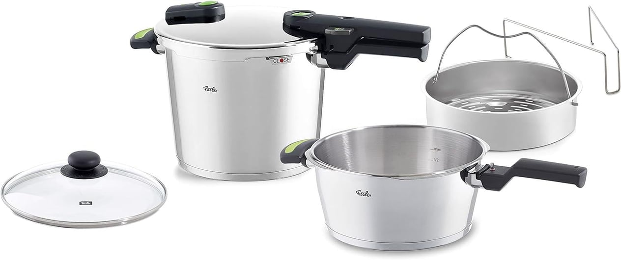 Fissler Vitaquick Green/Düdüklü Tencere Seti, 5 Parçalı (6 l - Ø 22 cm & Hızlı Kızartma Tavası 3,5 l - Ø 22 cm) Metal Kapak, Cam Kapak, Ek - İndüksiyon