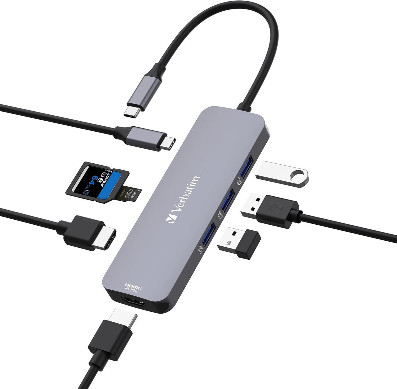 Verbatim USB-C Pro Multiport Hub 8'i 1 arada, çoklu bağlantı noktalı adaptör