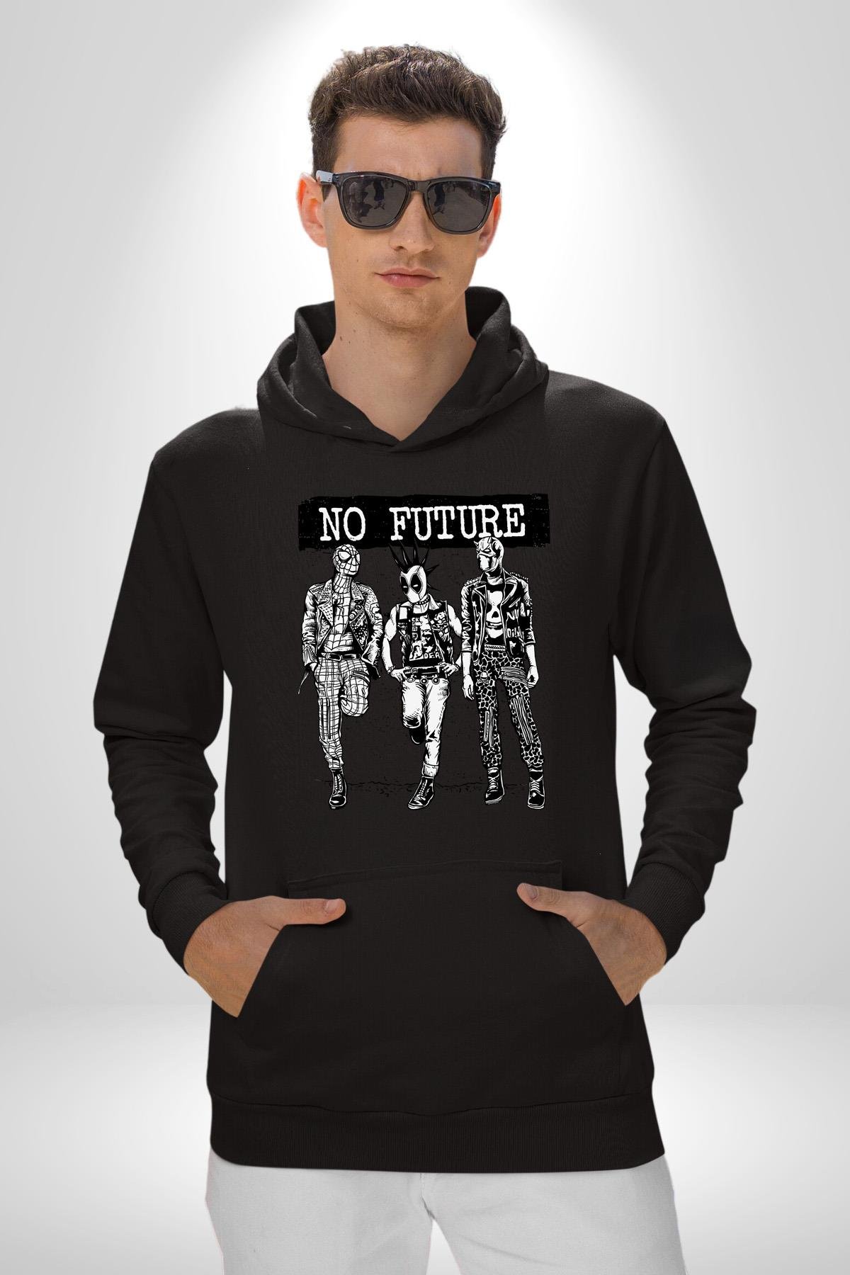 Gelecek Yok Deadpool Örümcek Adam Kadın Erkek Baskılı Üç İplik Siyah Kapüşonlu Hodie Sweatshirt