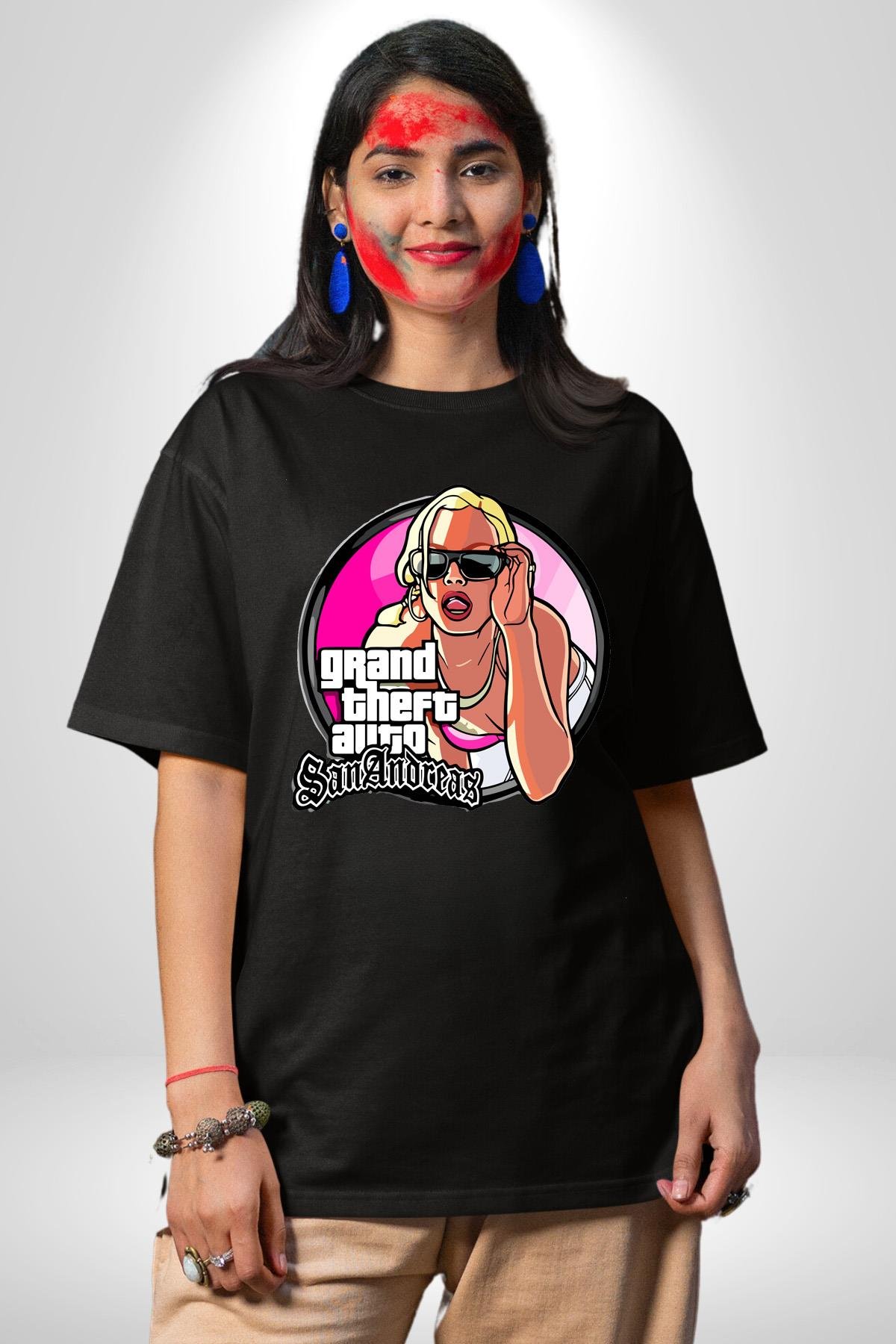 GTA San Andreas Logo Kadın Erkek Ön Baskılı Siyah Pamuklu Tişört Penye Klasik