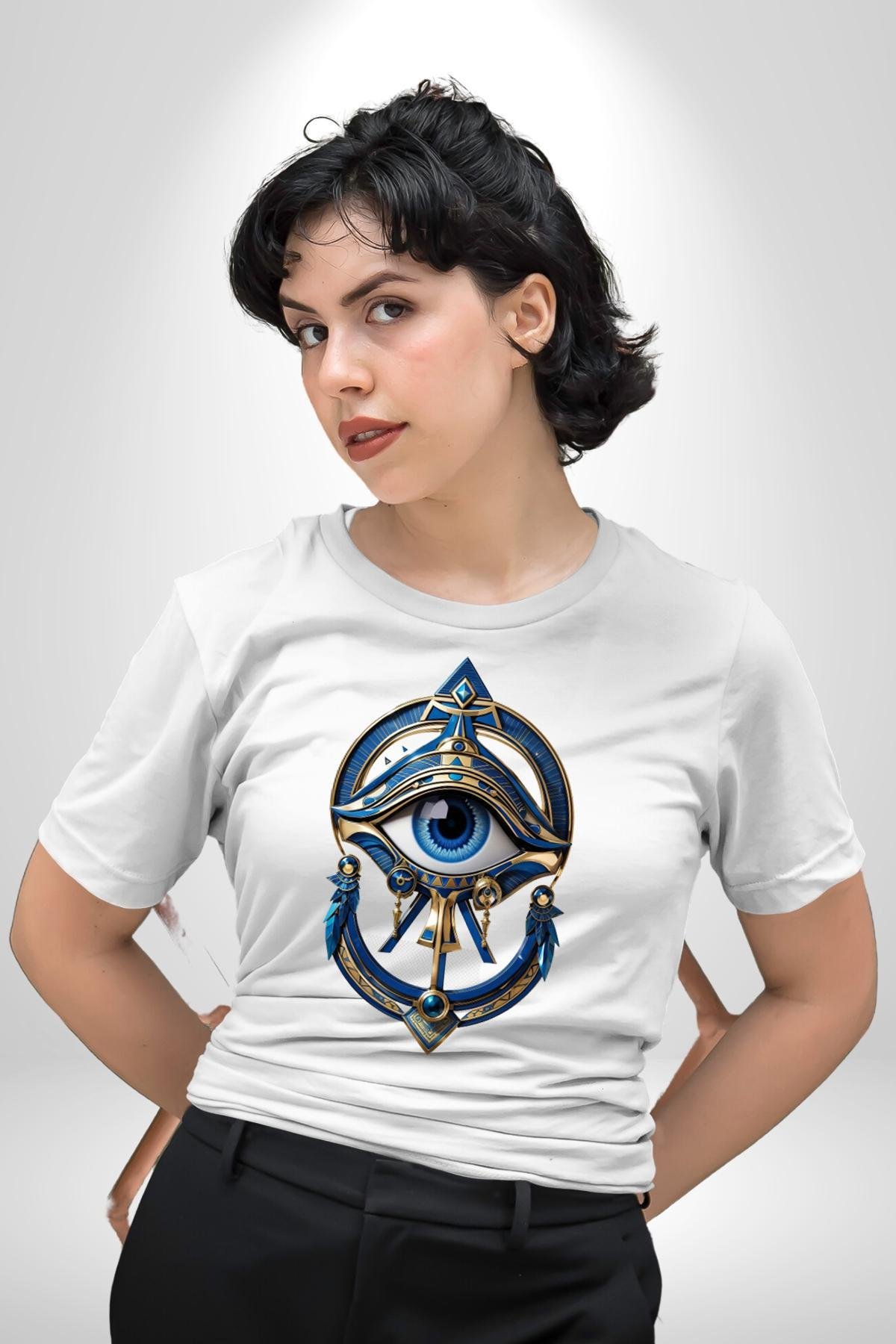 Altın Göz Horos Ra Gözü Kadın Erkek Unisex Beyaz Organik Baskılı T-Shirt
