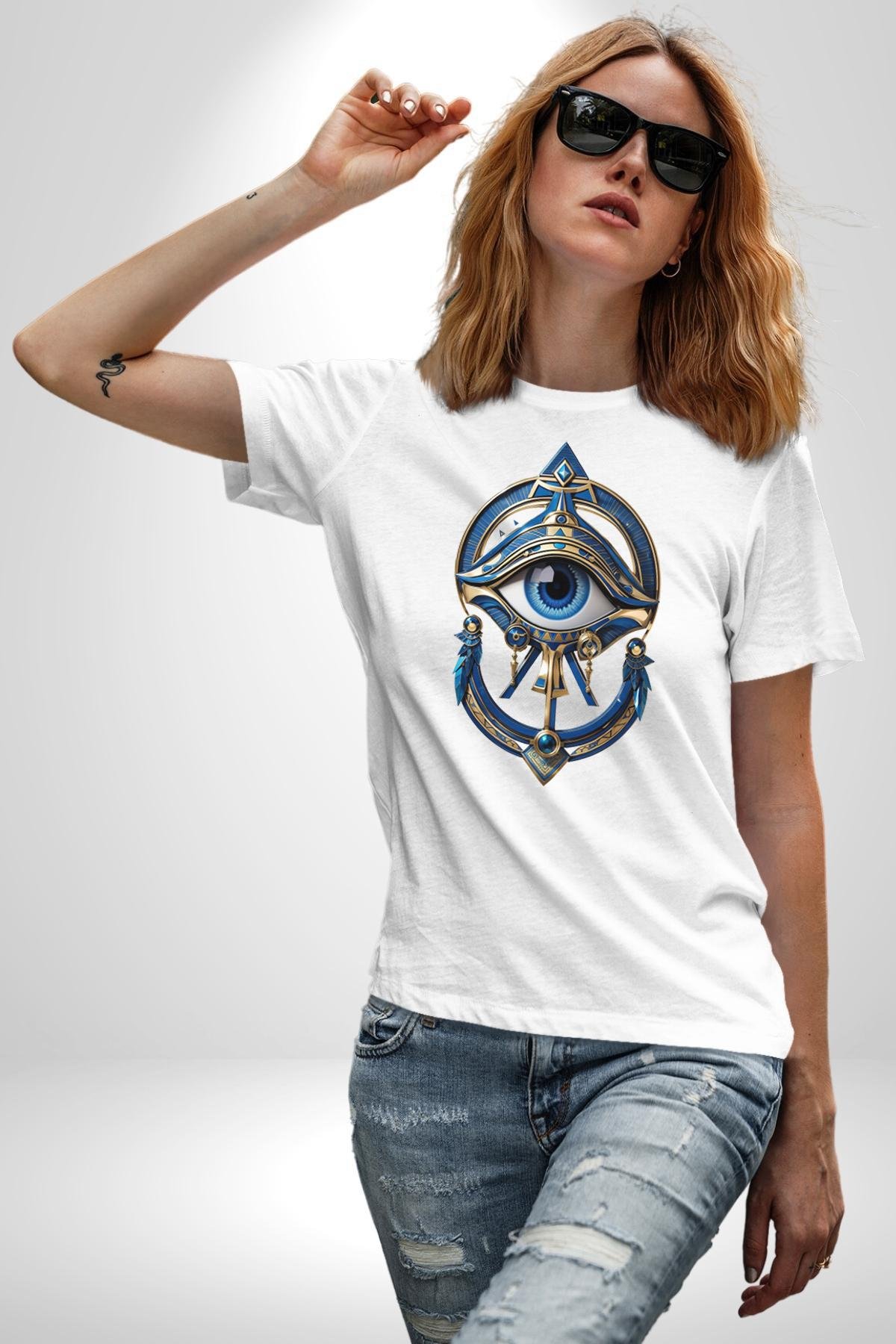 Altın Göz Horos Ra Gözü Kadın Erkek Unisex Beyaz Organik Baskılı T-Shirt
