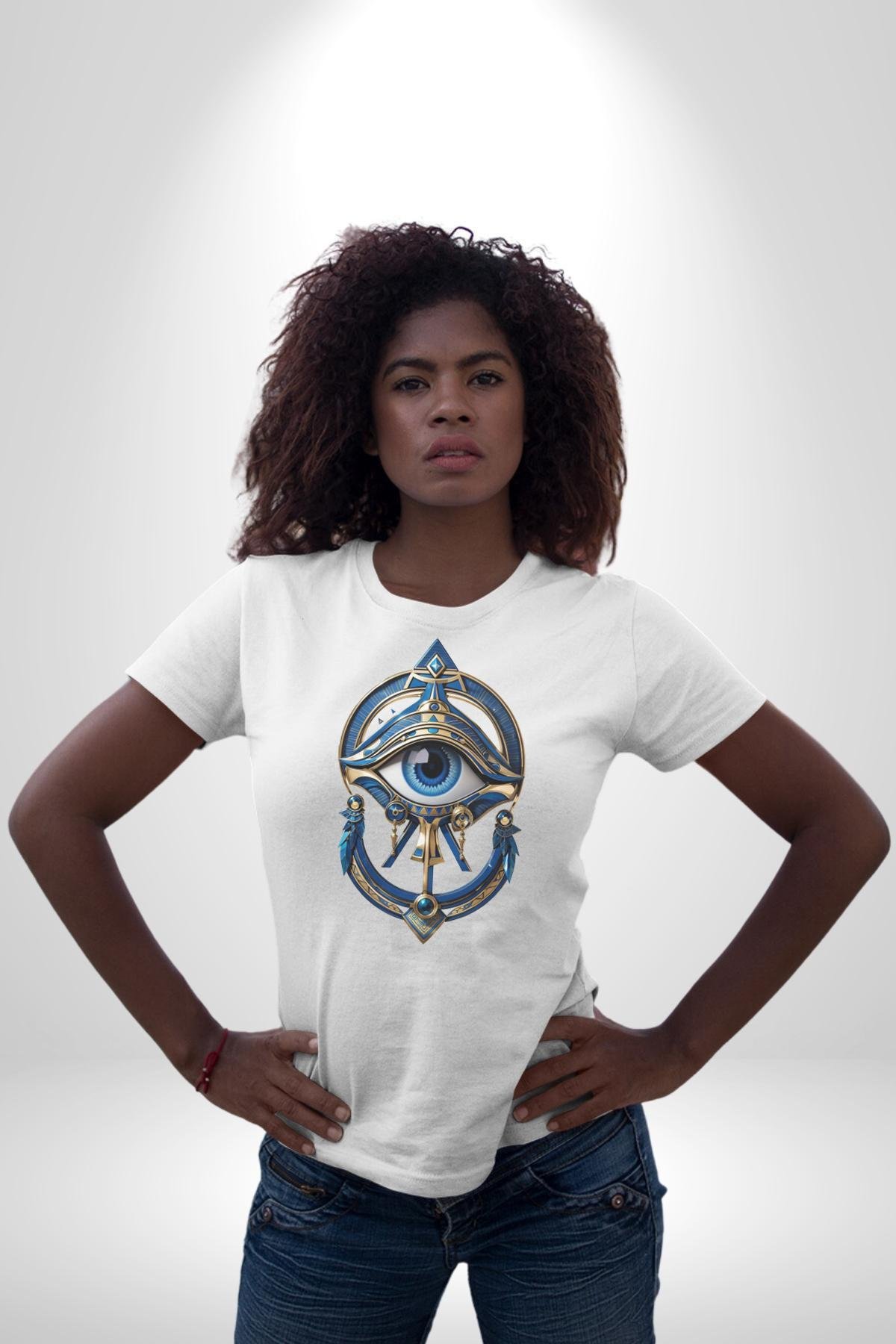 Altın Göz Horos Ra Gözü Kadın Erkek Unisex Beyaz Organik Baskılı T-Shirt